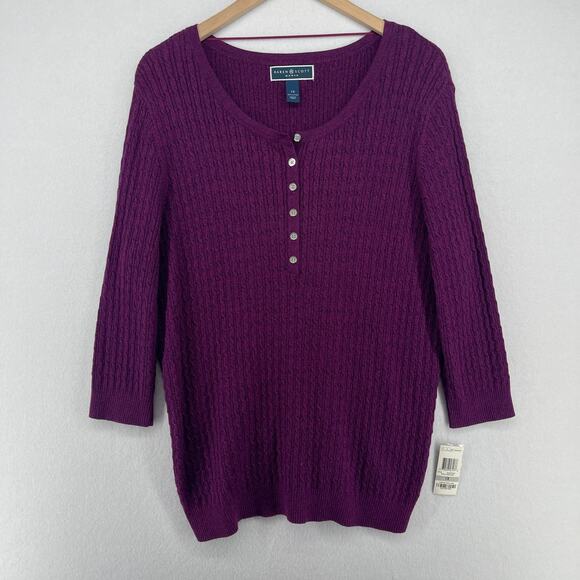 KAREN SCOTT Sweater 1X Plus Cable Marled Popover 3/4 Sleeve Tunic Purple NEW - Picture 1 of 13
